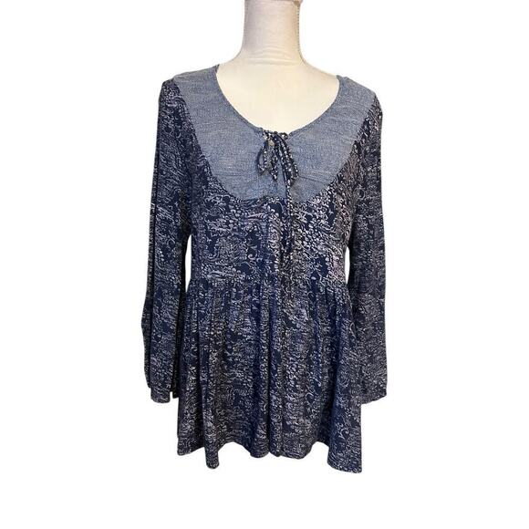 Anthropologie Akemi + Kin Marcella Blue Purple Lace Up Boho Peasant Top - L - Picture 2 of 9